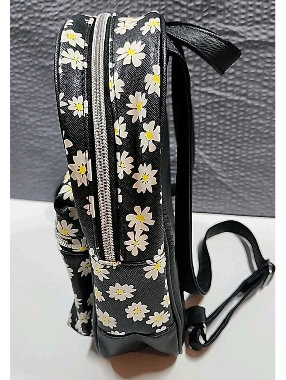 Justice mini backpack Black With Daisy, Approx 10x8, Zip Closure With Front Pock